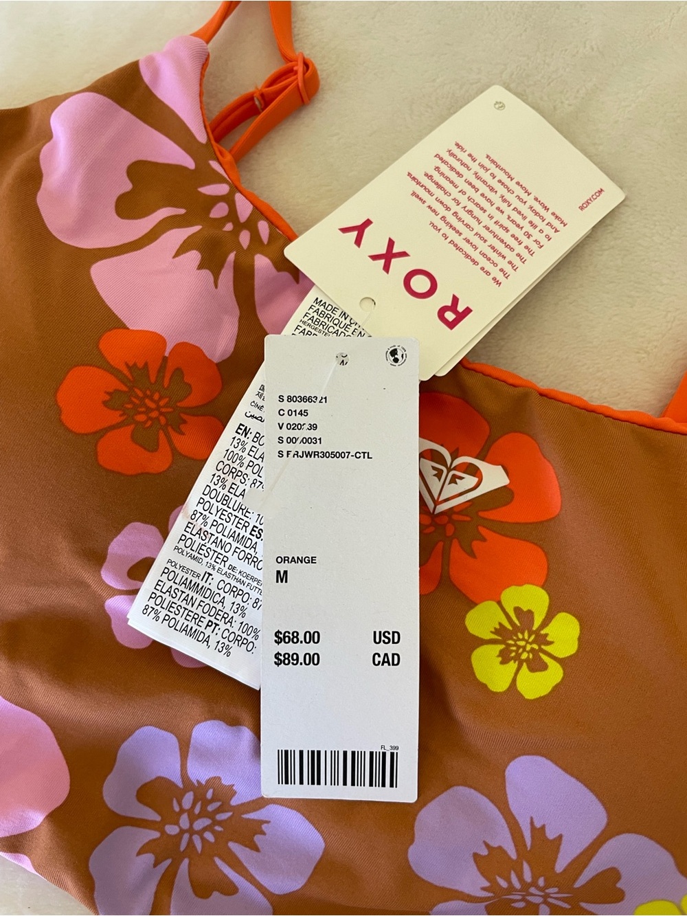 Roxy Brown Floral Reversible Bandeau Top with Pink & Orange Accents - Picture 3 of 8
